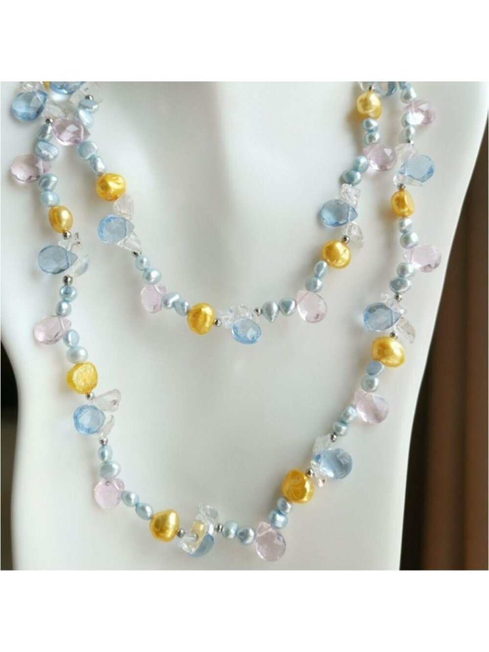 Freshwater Pearl and Crystal Rope Necklace Blue and Yellow 46" 🆕 - Picture 7 of 8